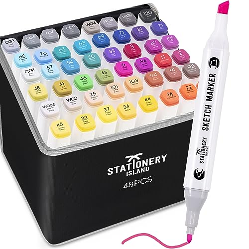 STATIONERY ISLAND Alkoholmarker-Stifte – 48 Farben – Acryl-Transportbox –Alkoholbasierte mischbare Stifte mit zwei Spitzen – Permanente Marker – Für Hobby- und professionelle Künstler von STATIONERY ISLAND