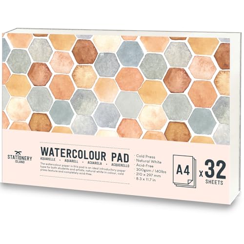 Stationery Island Aquarellpapier A4 300g, 32 Blatt Aquarellblock A4, Aquarell Papier für Wasserfarben, Aquarell Skizzenbuch, Watercolor Paper für Studenten,Anfänger, Skizzenbuch Aquarell von STATIONERY ISLAND