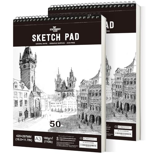 STATIONERY ISLAND Skizzenbuch, A3 Zeichenblock 180 g/m² Dickes Papier, 100 Seiten / 50 Bögen*2 Spiralgebundenes DIN Sketchbook 2 Packungen von STATIONERY ISLAND