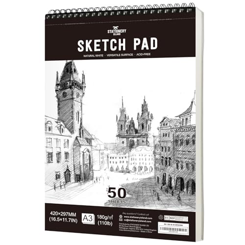 STATIONERY ISLAND Skizzenbuch, A3 Zeichenblock 180 g/m² Dickes Papier, 100 Seiten / 50 Bögen Spiralgebundenes DIN Sketchbook 1 Packungen von STATIONERY ISLAND