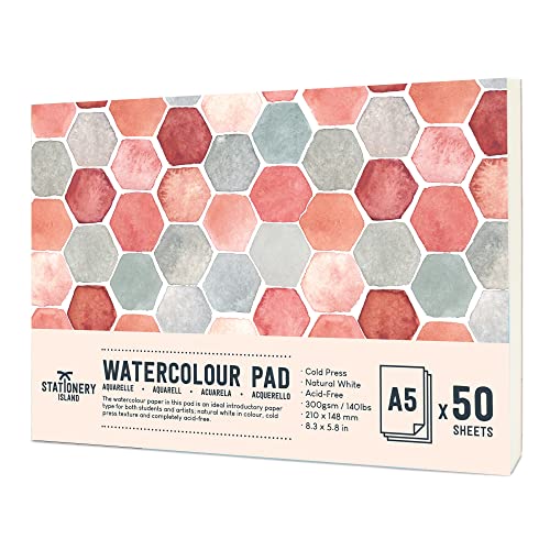 Stationery Island Aquarellpapier A5 300g, 50 Blatt Aquarellblock A5, Aquarell Papier für Wasserfarben, Aquarell Skizzenbuch, Watercolor Paper für Studenten,Anfänger, Skizzenbuch Aquarell von STATIONERY ISLAND