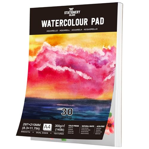 Stationery Island Aquarellpapier A4 300g, 30 Blatt Aquarellblock A4, Aquarell Papier für Wasserfarben, Aquarell Skizzenbuch, Watercolor Paper für Studenten,Anfänger, Skizzenbuch Aquarell von STATIONERY ISLAND