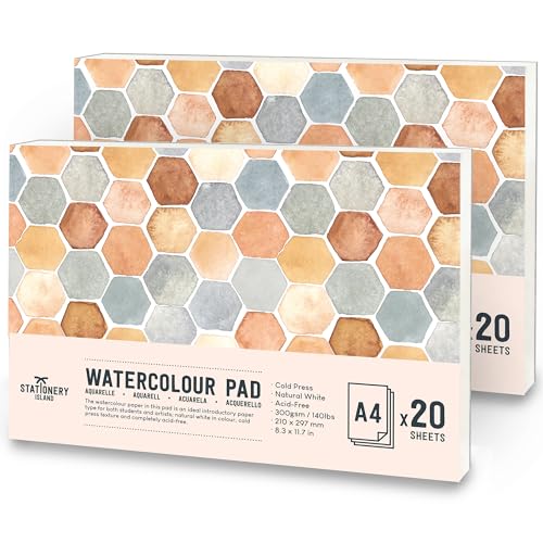 Stationery Island Aquarellpapier A4 300g, 40 Blatt Aquarellblock A4, Aquarell Papier für Wasserfarben, Aquarell Skizzenbuch, Watercolor Paper für Studenten,Anfänger, 2er-Pack (20 Blatt pro Stück) von STATIONERY ISLAND