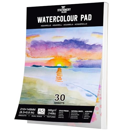 Stationery Island Aquarellpapier A5 300g, 30 Blatt Aquarellblock A5, Aquarell Papier für Wasserfarben, Aquarell Skizzenbuch, Watercolor Paper für Studenten,Anfänger, Skizzenbuch Aquarell von STATIONERY ISLAND