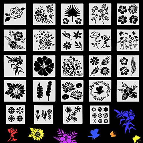 Blumenschablonen zum Malen, STCRERAG 24 Blatt Blumen Schablonen Kunststoff Blumen Stencil Wiederverwendbare Rosen Sonnenblumen Schablone Schöne Blumen Vorlage für DIY-Malerei Karten Kunstwerke von STCRERAG