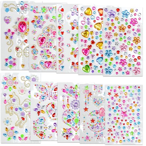 Bunt Glitzersteine, STCRERAG 10 Blätter Glitzer Strasssteine Acryl Glitzersteine Hochglanz Glitzerstein-Aufkleber DIY Glitzersteine zum Basteln Selbstklebend Strasssteine für Clipart Geschenke von STCRERAG