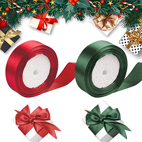 STCRERAG 2 Rollen Geschenkband Weihnachten Schleifenband Polyester Satinband Geschenk Dekobänder 2 Farbe Reißfest Seidenbänder 2,5cm Breite SatinBand für Weihnachten Partydekorationen DIY-Näharbeiten von STCRERAG