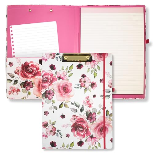 Steel Mill & Co Niedliches Klemmbrett mit nachfüllbarem, liniertem Notizblock und Innentasche, rosa Padfolio für die Arbeit, Rose Floral von STEEL MILL AND CO.