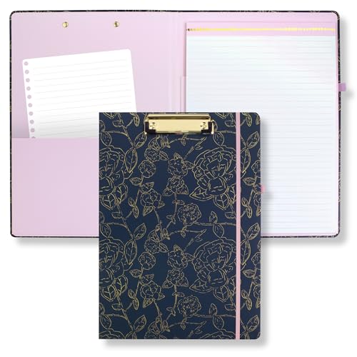 Steel Mill & Co Niedliches Klemmbrett mit nachfüllbarem, liniertem Notizblock und Innentasche, Padfolio für die Arbeit, Marineblau mit Blumenmuster von STEEL MILL AND CO.