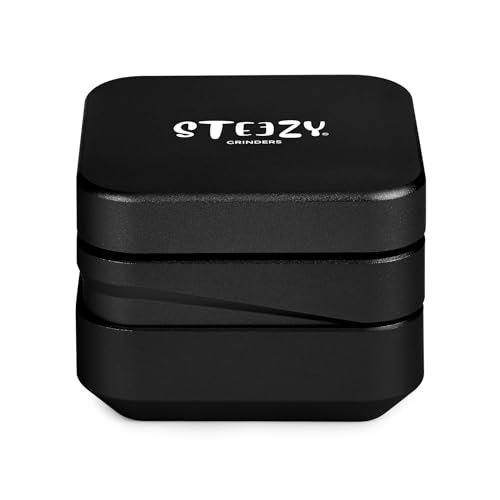 STEEZY® 4+1 | Medical Herb Grinder | Abriebfrei | Steck- & Schienensystem | CNC-gefräste Aluminiumlegierung | Monolith Mahlwerk | two sieves | 63mm | eckig | square | 4-teilig (Black Pearl) von STEEZY