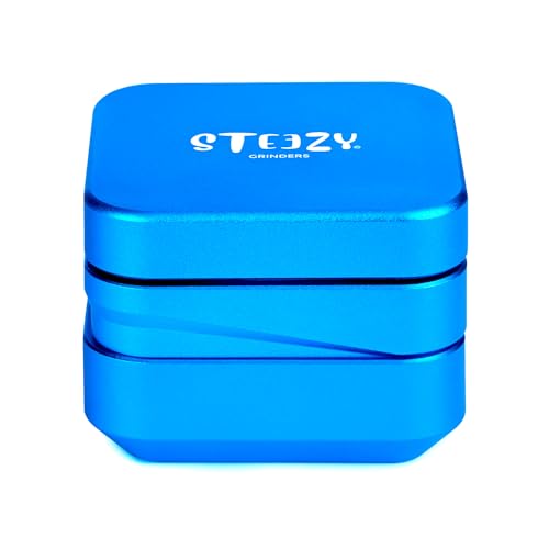 STEEZY® 4+1 | Medical Herb Grinder | Abriebfrei | Steck- & Schienensystem | CNC-gefräste Aluminiumlegierung | Monolith Mahlwerk | two sieves | 63mm | eckig | square | 4-teilig (Electric Blue) von STEEZY