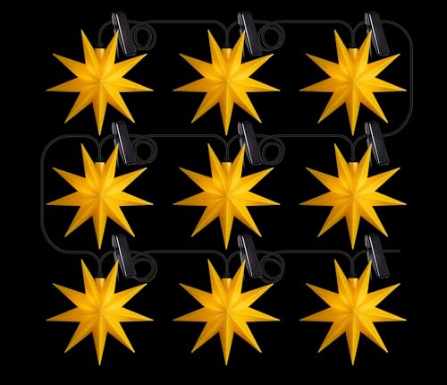 3D LED Lichterkette mit 9 Sternen Ø 11,5 cm Sternenkette Weihnachtsstern Fenster Deko Außenstern wetterfest für außen und innen 13m Kabel (gelb) von STEINFIGURENWELT GIEBEN