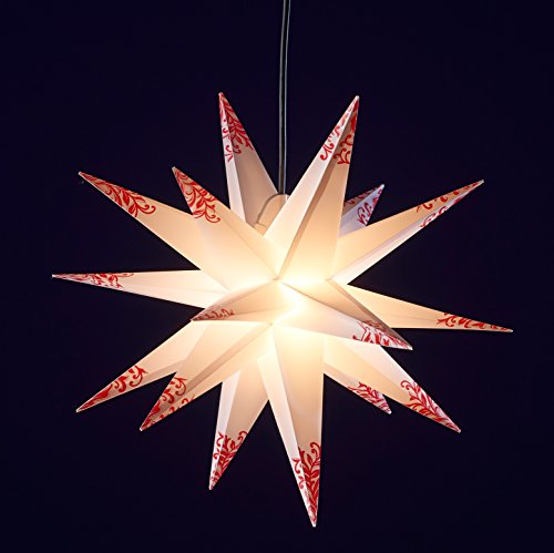 LED Weihnachtsstern 3D 55cm inkl. LED Leuchtmittel Außenstern wetterfest für außen und innen 4m Kabel wetterfest von Dekowelt (Weiß mit roten Ornament-Spitzen) von STEINFIGURENWELT GIEBEN