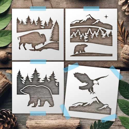 Schablonen Büffel, Adler, Bär, 4er-Set, 25,4 x 25,4 cm, wiederverwendbare Wildtier-Schablonen für Wandkunst und Dekormalerei von STENCILAIR