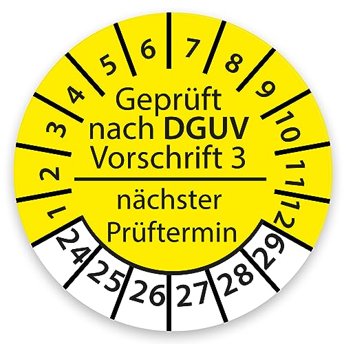 Prüfplakette DGUV V3 Nächster Prüftermin E-Check Elektro - 2024-2029 - Wasserfest/UV-Schutz - 30mm Plakette für Tritte Leitern Feuerlöscher Maschinen (100, DGUV V3 - Gelb) von STICKERWORLD24