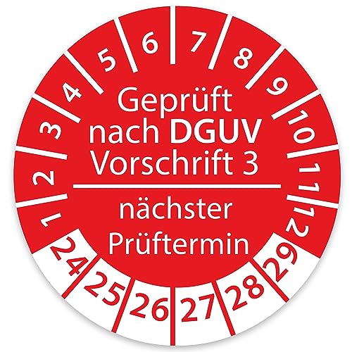 Prüfplakette DGUV V3 Nächster Prüftermin E-Check Elektro - 2024-2029 - Wasserfest/UV-Schutz - 30mm Plakette für Tritte Leitern Feuerlöscher Maschinen (100, DGUV V3 - Rot) von STICKERWORLD24