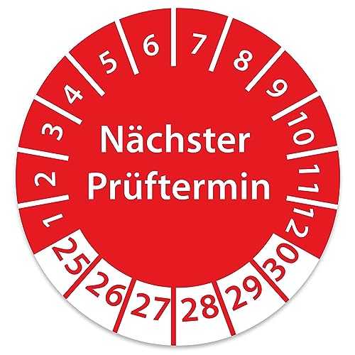 Prüfplakette DGUV V3 Nächster Prüftermin E-Check Elektro - 2025-2030 - Wasserfest/UV-Schutz - 30mm Plakette für Tritte Leitern Feuerlöscher Maschinen (1.000 Stk., Nächster Prüftermin - Rot) von STICKERWORLD24