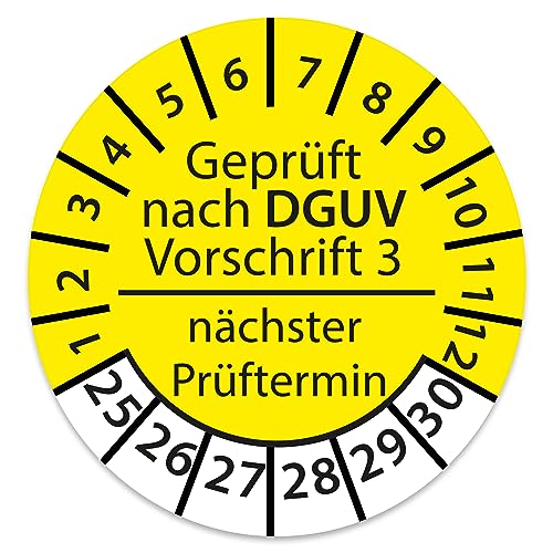 Prüfplakette DGUV V3 Nächster Prüftermin E-Check Elektro - 2025-2030 - Wasserfest/UV-Schutz - 30mm Plakette für Tritte Leitern Feuerlöscher Maschinen (100 Stk., DGUV V3 - Gelb) von STICKERWORLD24