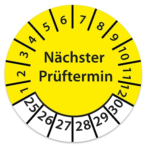 Prüfplakette DGUV V3 Nächster Prüftermin E-Check Elektro - 2025-2030 - Wasserfest/UV-Schutz - 30mm Plakette für Tritte Leitern Feuerlöscher Maschinen (100 Stk., Nächster Prüftermin - Gelb) von STICKERWORLD24