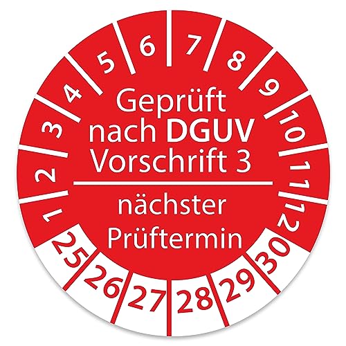 Prüfplakette DGUV V3 Nächster Prüftermin E-Check Elektro - 2025-2030 - Wasserfest/UV-Schutz - 30mm Plakette für Tritte Leitern Feuerlöscher Maschinen (500 Stk., DGUV V3 - Rot) von STICKERWORLD24