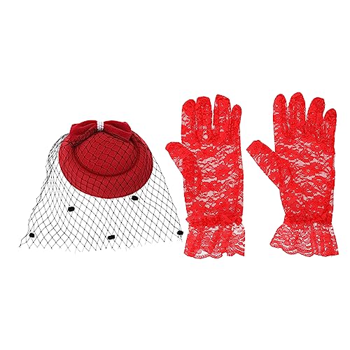 STOBOK 1 Satz Cocktailhut Blumenspitzenhandschuhe Fascinator-Hut für Damen Braut-Stirnband Outfits handschuhe elegant weihnachtsassesoires Party-Haar-Accessoire Partyzubehör Polyester rot von STOBOK