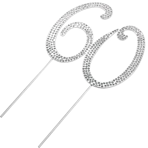 STOBOK 60 Cupcake Topper Silber 60. Geburtstag Kuchen Dekor Topper Einsatz Kristall Strass Dekorativer Topper Legierung Dessert Topper Jubiläum Partyzubehör von STOBOK