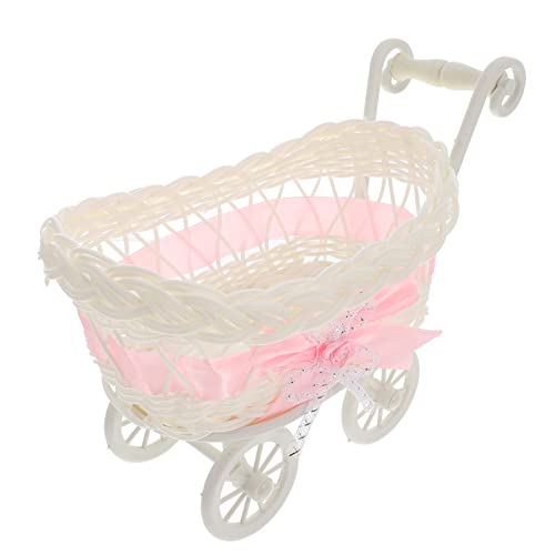 STOBOK Geflochtener Kinderwagen Dekoration Rattan Kinderwagen Babypuppe Kinderwagen Gewebter Blumenkorb Babyparty Herzstück Kinderwagen für Babyparty Partybevorzugungen Rosa von STOBOK