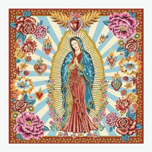 Stoff am Stück Stoff Kissen Panel Polyester Baumwolle Gobelin rot Madonna blau 50 x 50 cm Marienfigur von STOFFAMSTÜCK