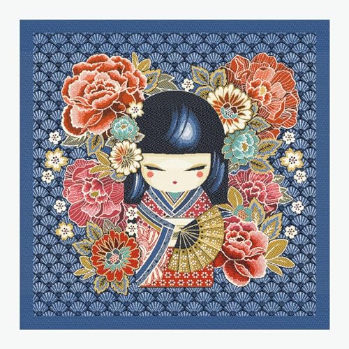 Stoff am Stück Stoff Kissen Panel Polyester Baumwolle Gobelin blau Kokeshi Puppe 50 cm x 50 cm Japan Kimono von STOFFAMSTÜCK