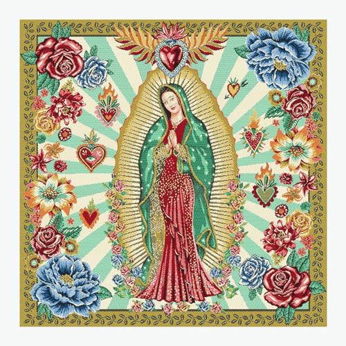 Stoff am Stück Stoff Kissen Panel Polyester Baumwolle Gobelin oliv Madonna grün 50 x 50 cm Marienfigur von STOFFAMSTÜCK