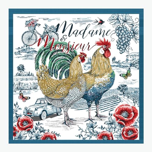 Stoff am Stück Stoff Kissen Panel Polyester Baumwolle Gobelin weiß Huhn & Hahn 50 cm x 50 cm Madam & Monsieur von STOFFAMSTÜCK