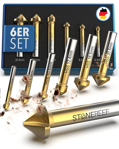 STONE REEF Kegelsenker Set Profi aus HSS Stahl [6-teilig inkl. Aufbewahrungsbox] - Senker Metall, Kegelsenker Metall, Senker Set, Senkbohrer Metall, Kegelsenker Holz, Versenker, Holzsenker von STONE REEF