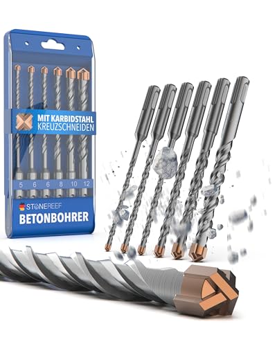 STONE REEF Betonbohrer Set Profi - [6-teilig inkl. Bohrerkassette] - SDS Plus Bohrer Set Ø 5mm, 6mm, 8mm, 10mm, 12mm x 160mm - Steinbohrer, Beton, Wandbohrer, Bohrersatz von STONE REEF