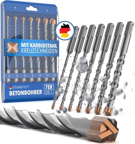 STONE REEF Betonbohrer Set Profi - [7-teilig inkl. Bohrerkassette] - SDS Plus Bohrer Set Ø 5mm, 6mm, 6mm, 8mm, 8mm, 10mm, 12mm x 156mm - Steinbohrer Set, Bohrer Set Beton, Wandbohrer, Bohrersatz von STONE REEF