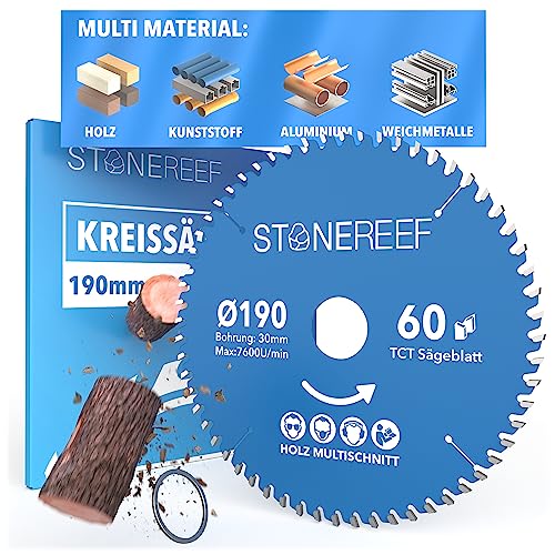 STONE REEF Sägeblatt 190x30 - Kreissägeblatt [inkl. Adapter auf Bohrung 20 &16mm], kompatibel mit Winkelschleifer von Bosch, Makita usw. - Sägeblatt Kreissäge Nagelfest - für Holz, Metall & Alu von STONE REEF