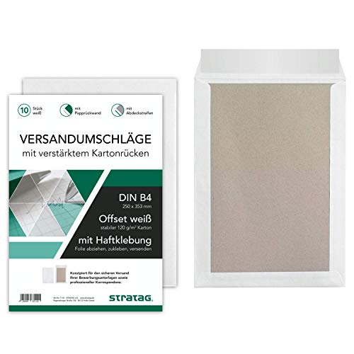 100 Stück Premium Versandtaschen B4 in Weiß, mit Papprückwand, Haftklebung und Abdeckstreifen, 250 x 353 mm (10x 10 Stück Packungen) von STRATAG