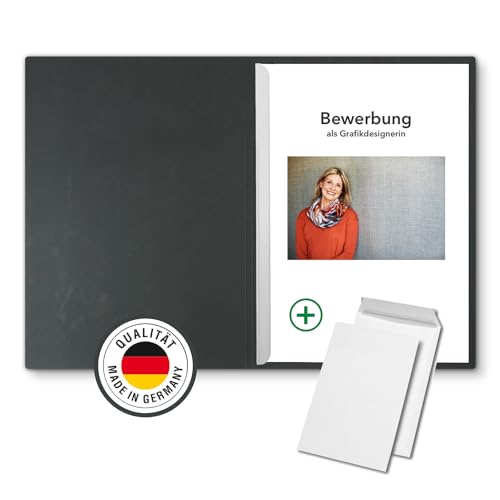 10 Stück 2-teilige Bewerbungsmappen Schwarz mit 1 Klemmschiene in feinster Lederstruktur - inkl. 10 Versandumschläge in Weiß GRATIS - hochwertige Prägung „BEWERBUNG“ von STRATAG