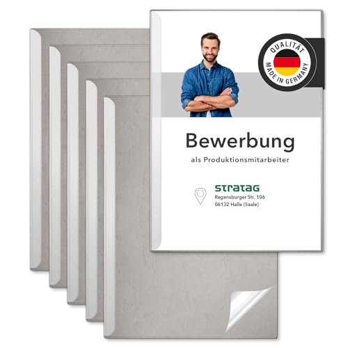 STRATAG Klemmschienen-Bewerbungsset Start Basic (Grau, 5 Stück) mit transparentem Deckel aus PP Kunststoff sowie Binderücken aus robustem 290 g/m² Karton Lederstruktur (5 Bewerbungsmappen Grau) von STRATAG