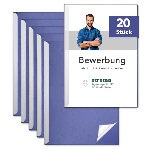 STRATAG Klemmschienen-Bewerbungsset Start Basic (Blau, 20 Stück) mit transparentem Deckel aus PP Kunststoff sowie Binderücken aus robustem 290 g/m² Karton Lederstruktur (20 Bewerbungsmappen Blau) von STRATAG