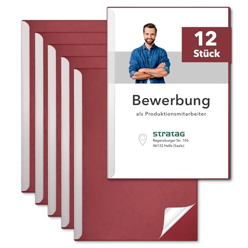 STRATAG Klemmschienen-Bewerbungsset Start Basic (Bordeaux, 12 Stück) mit transparentem Deckel aus PP Kunststoff sowie Binderücken aus robustem 290 g/m² Karton Lederstruktur (12 Bewerbungsmappen Rot) von STRATAG