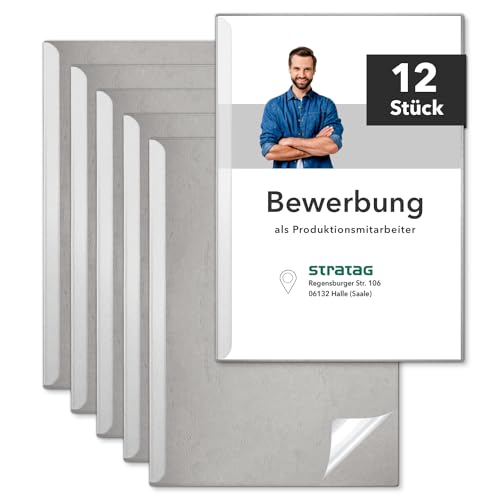 STRATAG Klemmschienen-Bewerbungsset Start Basic (Grau, 10 Stück) mit transparentem Deckel aus PP Kunststoff sowie Binderücken aus robustem 290 g/m² Karton Lederstruktur (10 Bewerbungsmappen Grau) von STRATAG