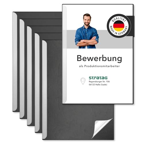 STRATAG Klemmschienen-Bewerbungsset Start Basic (Schwarz, 3 Stück) mit transparentem Deckel aus PP Kunststoff sowie Binderücken aus robustem 290 g/m² Karton Lederstruktur (3 Bewerbungsmappen Schwarz) von STRATAG