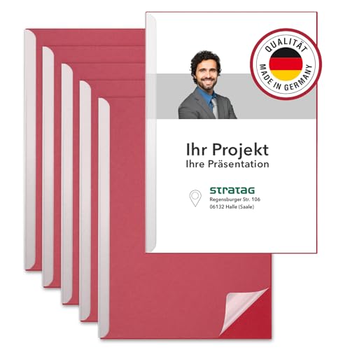 STRATAG Klemmschienen-Set (18 Stück) mit transparentem Deckel aus PP Kunststoff sowie Binderücken aus stabilem 350 g/m² Karton (Klemmmappe A4 Rot Rubinrot) von STRATAG