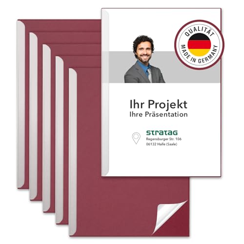 STRATAG Klemmschienen-Set (18 Stück) mit transparentem Deckel aus PP Kunststoff sowie Binderücken aus stabilem 375 g/m² Karton (Klemmmappe A4 Rot Bordeaux) von STRATAG