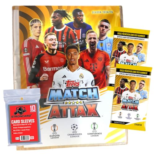 Bundle mit Topps Match Attax Karten Champions League 2024-2025 Trading Cards - Exklusive 10 STRONCARD Sammelkarten Hüllen - 1 Mappe + 2 Booster von STRONCARD