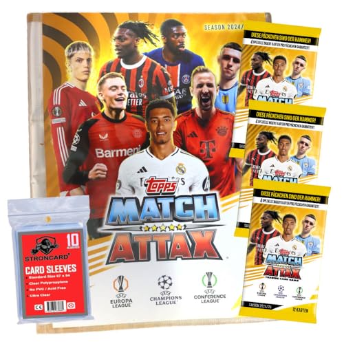 Bundle mit Topps Match Attax Karten Champions League 2024-2025 Trading Cards - Exklusive 10 STRONCARD Sammelkarten Hüllen - 1 Mappe + 3 Booster von STRONCARD