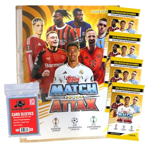 Bundle mit Topps Match Attax Karten Champions League 2024-2025 Trading Cards - Exklusive 10 STRONCARD Sammelkarten Hüllen - 1 Mappe + 4 Booster von STRONCARD