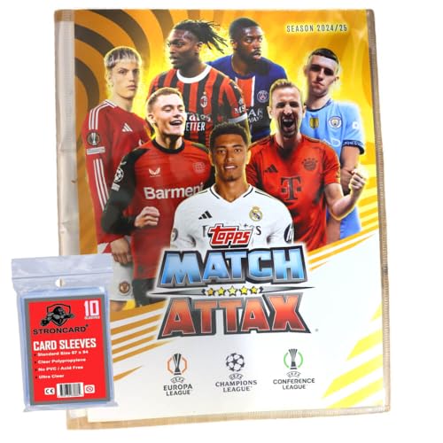 Bundle mit Topps Match Attax Karten Champions League 2024-2025 Trading Cards - Exklusive 10 STRONCARD Sammelkarten Hüllen - 1 Mappe von STRONCARD