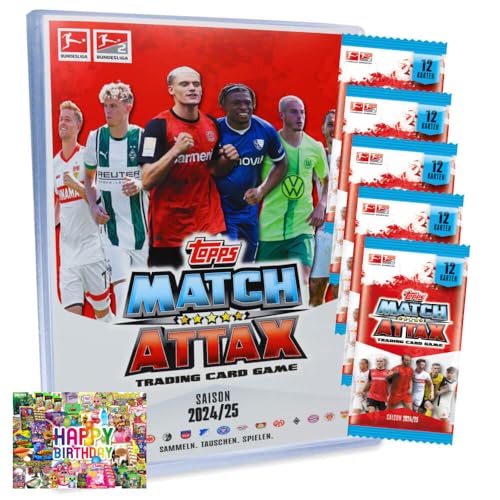 Bundle mit Topps Match Attax Trading Cards - Bundesliga Karten - Saison 2025 - Sammelkarten - 1 Mappe + 5 Booster + Exklusive Geburtstagskarte von STRONCARD