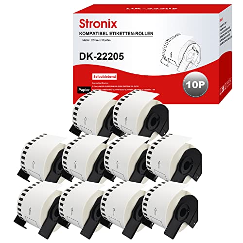 10x 22205 Selbstklebende Etiketten Kompatibel für Brother DK-22205 Adressetiketten, 62 mm x 30,48 m Versandetiketten für Brother QL-700 810W 820NWB 1110NWB 800 500A 600 1100 710 720 Etikettendrucker von STRONIX